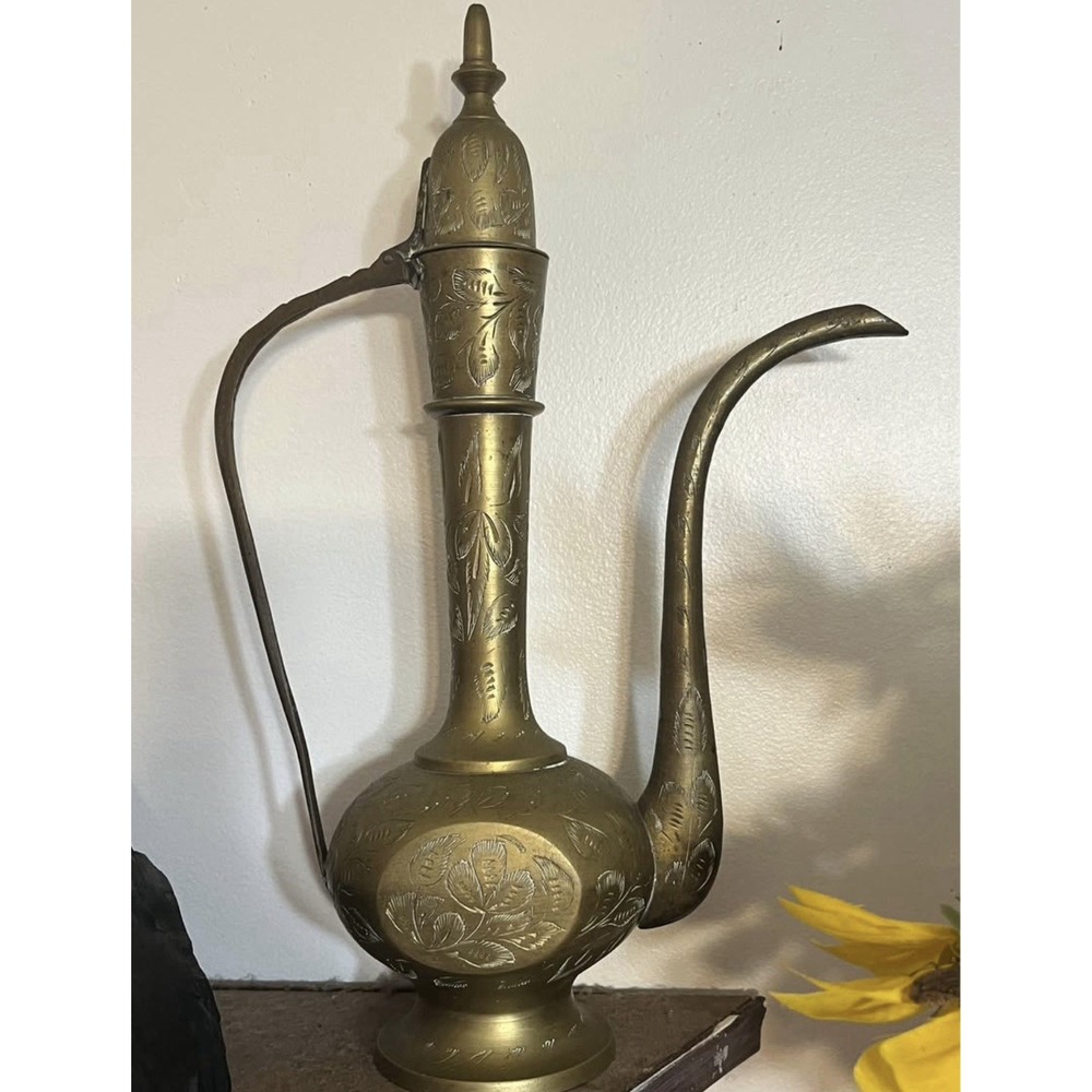 Brass Pitcher with Ornate Floral Engraving Made in India Collectible Vessel